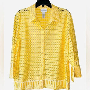 Alfred Dunner Yellow Plus Size Floral Lace Top Size L, 3/4 Sleeves, buttons